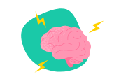 Illustration d’un cerveau rose entouré de 3 représentations d’éclairs